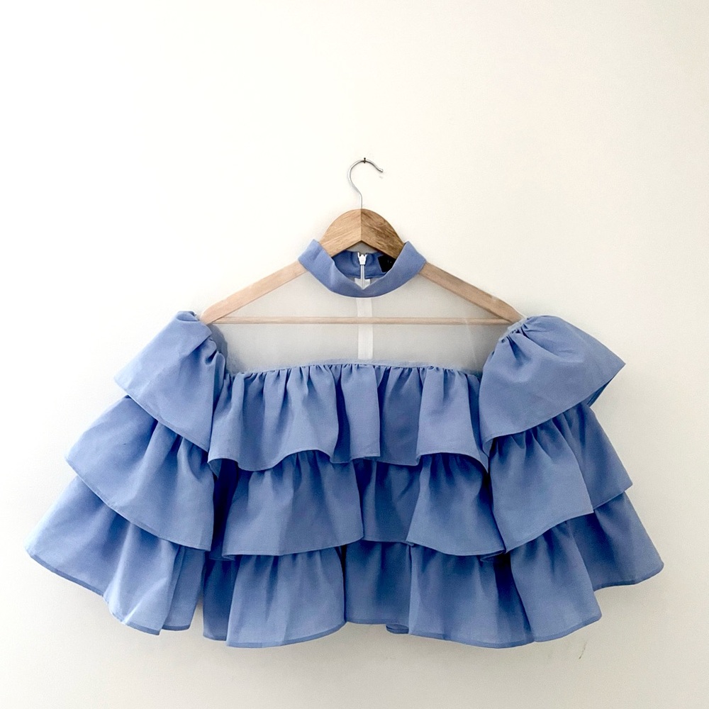 GRACIA blue high neck ruffle top with sheer accent S